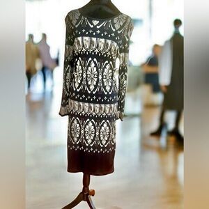 Tory Burch Black, White, print Silk Patterned dress L